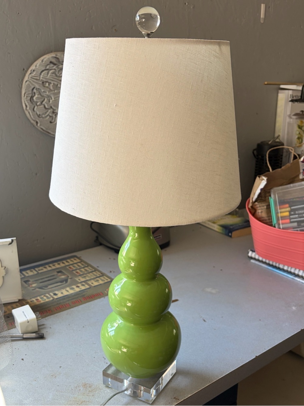 Vibrant Green Glass Table Lamp with Clear Acrylic Accents